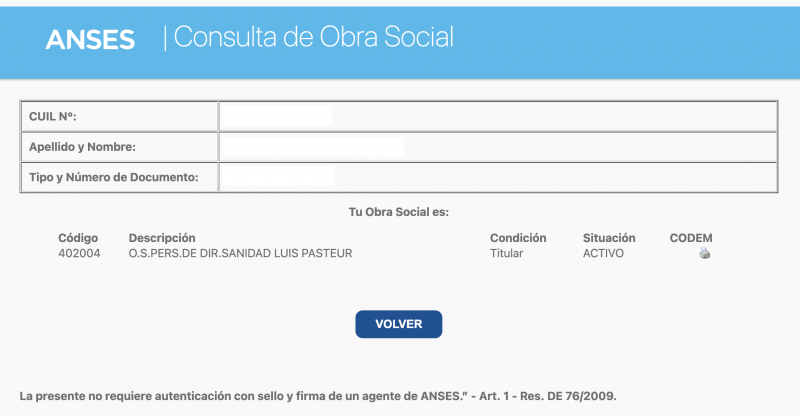 Datos de la obra social en la web del Anses 